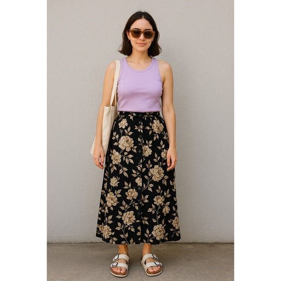 Vivo Dresses & Skirts - Vintage Vivoli Skirt Womens M Black Button Down Pleated Floral Cottagecore USA‎